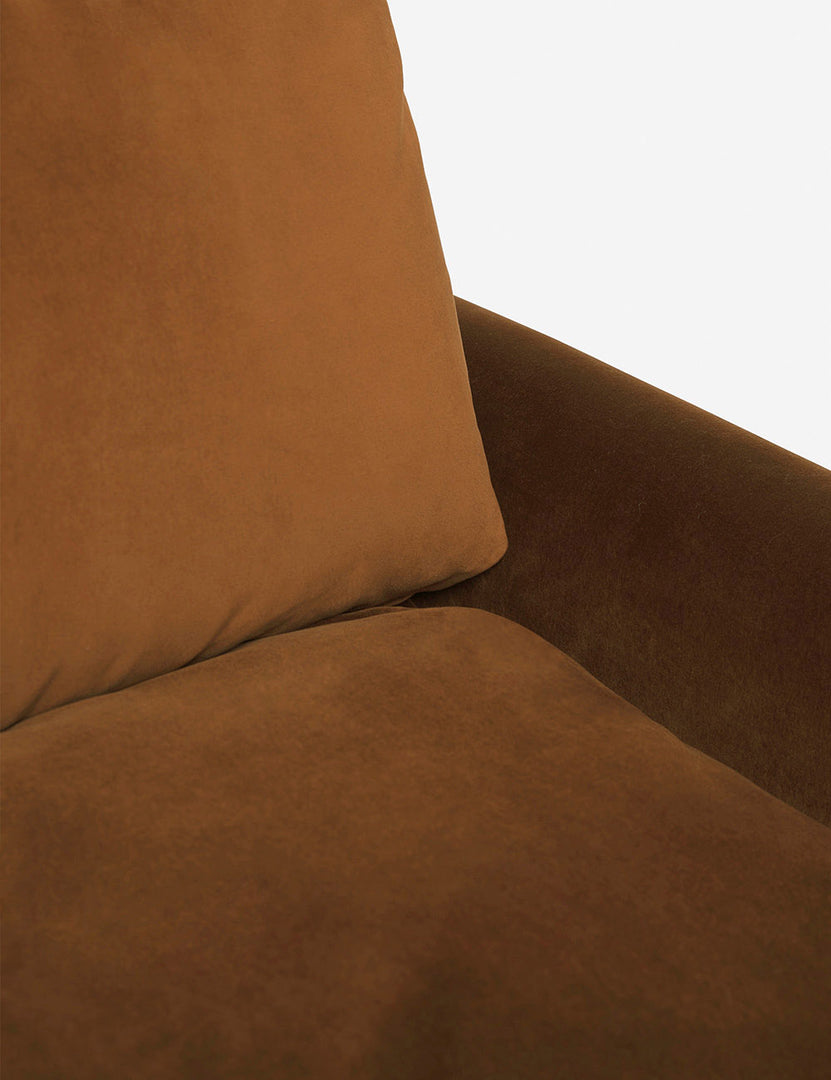 #color::Cognac-Velvet #size::103-W | Inner corner of the Rupert cognac velvet sofa