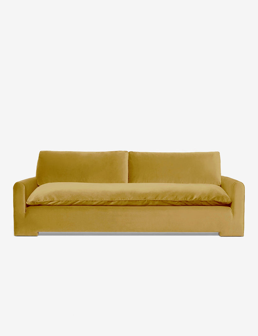 #color::Goldenrod-Velvet #size::103-W | Rupert Goldenrod Velvet sofa with an elevated frame and plush cushions by Sarah Sherman Samuel