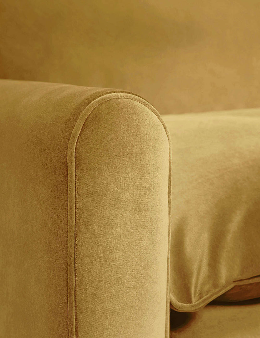 #color::Goldenrod-Velvet #size::103-W | Outer corner of the Rupert Goldenrod Velvet sofa