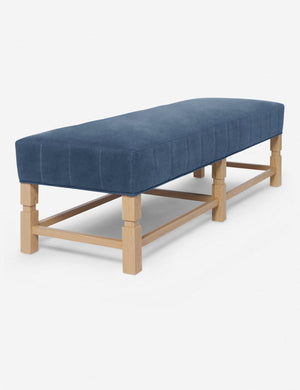 Angled view of the Ambleside Harbor blue velvet bench