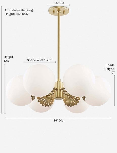 | Dimensions on the Annetta golden chandelier with frosted globe bulbs and filigree detailing