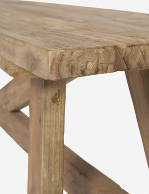 Close-up of the joinery detailing of the Arlene craftsman-style antiqued teak wood bench