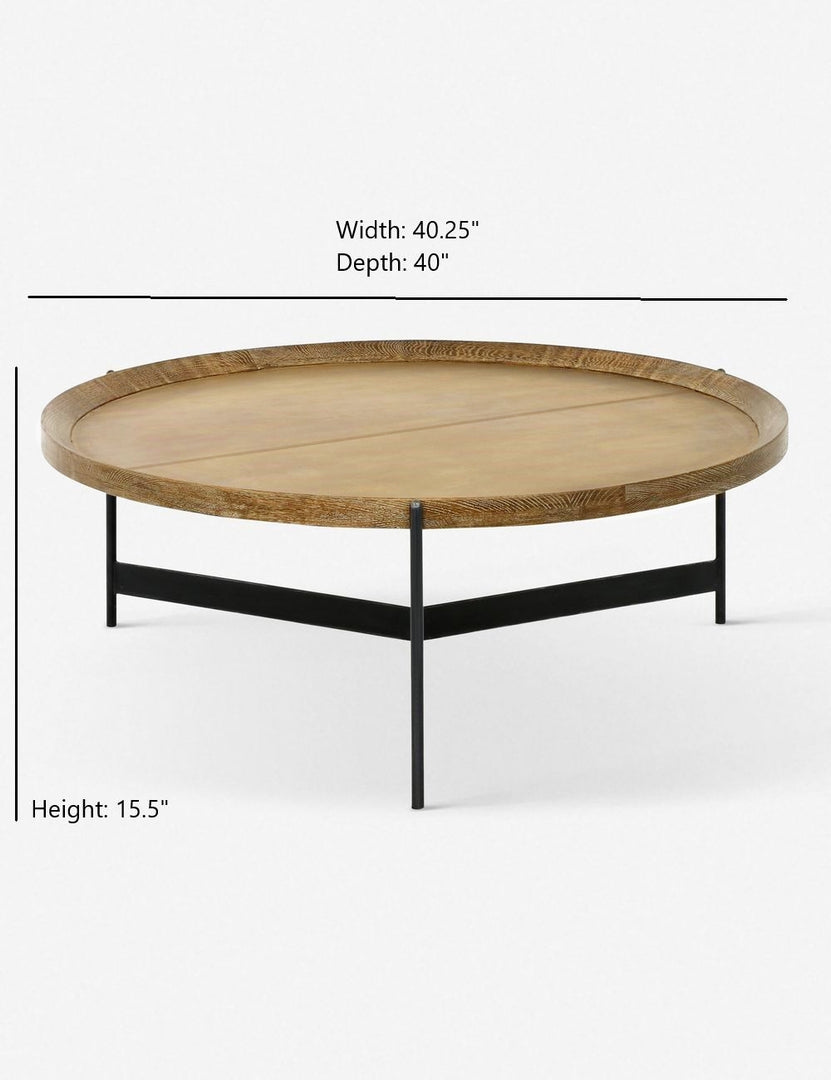 | Dimensions on the Becca coffee table with rimmed oak top and iron tripod-style base