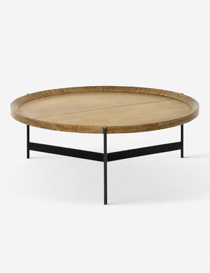 Becca coffee table with rimmed oak top and iron tripod-style base