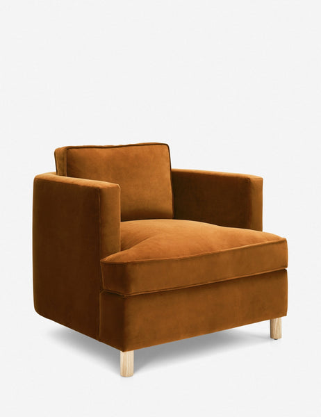 #color::cognac | Angled view of the Belmont Cognac velvet accent chair