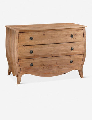 Bethany three drawer dresser with a curved silhouette and antiqued brass ring pulls