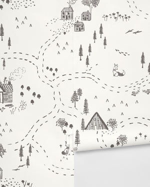 Through the Woods White Wallpaper with gray travel and nature inspired illustrations by Rylee + Cru