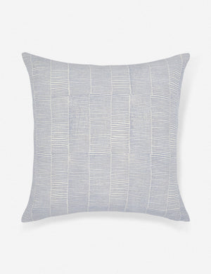 Claudette ivory linen square pillow with an ice blue ragged striped pattern