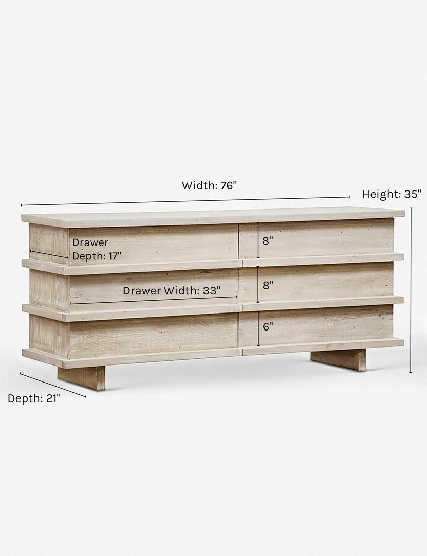 | Dimensions of Corliss 6-drawer white-washed wooden dresser