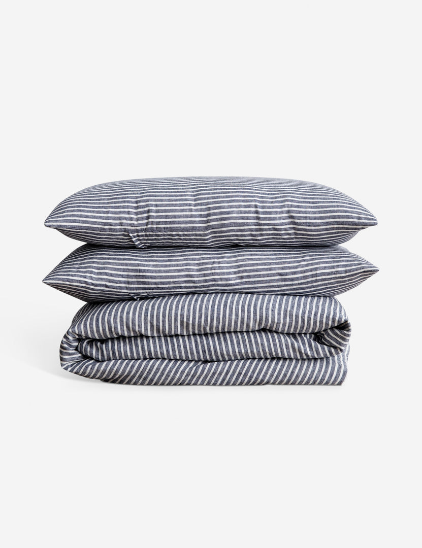 #color::indigo-stripe #size::queen #size::king #size::twin #size::cal-king | European Flax Linen indigo blue striped Duvet Set by Cultiver