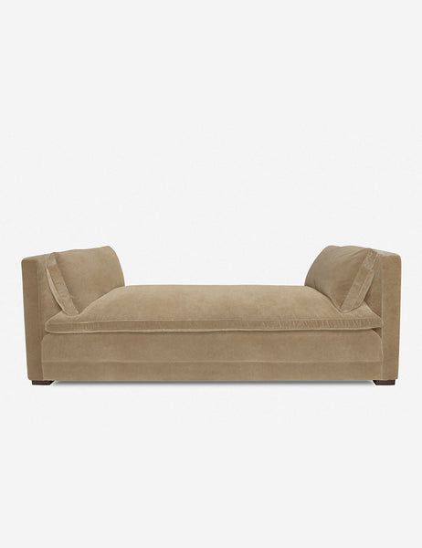 #color::camel | Elive Camel beige Velvet upholstered chaise with a pillowtop bench cushion and plush bolsters