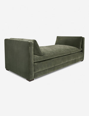 Angled view of the Elvie Moss Green Velvet chaise