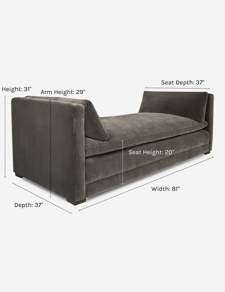 #color::mink | Dimensions on the Elvie mink gray velvet chaise