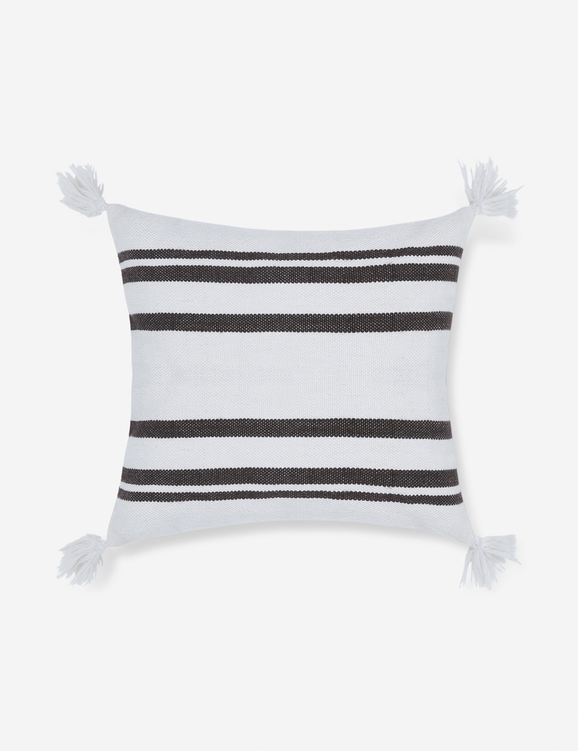 #color::black | Fez indoor and outdoor white throw pillow with weather-resistant fabric, black stripes, and fringe on all four corners