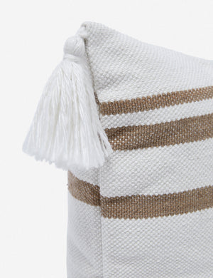 The fringe on the corner of the Fez camel and white indoor and outdoor throw