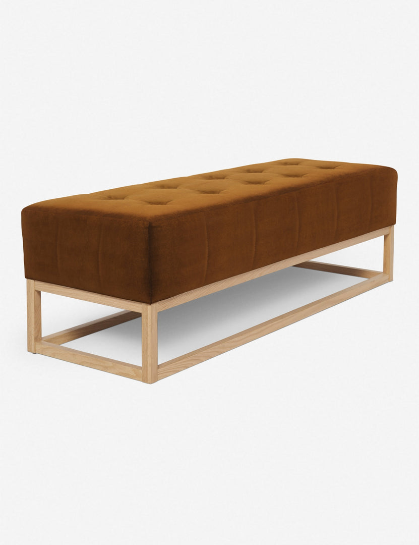 #color::cognac | Angled view of the Grasmere cognac velvet wooden bench