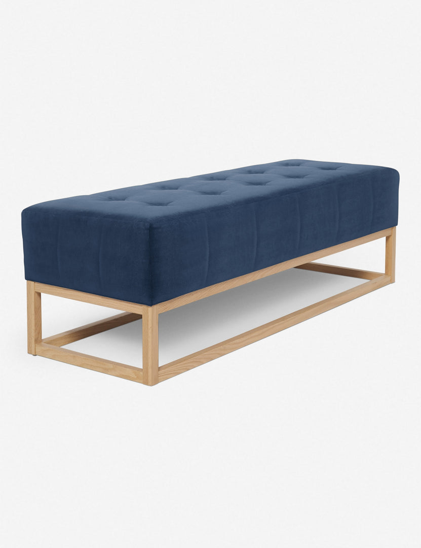 #color::harbor | Angled view of the Grasmere harbor blue velvet wooden bench