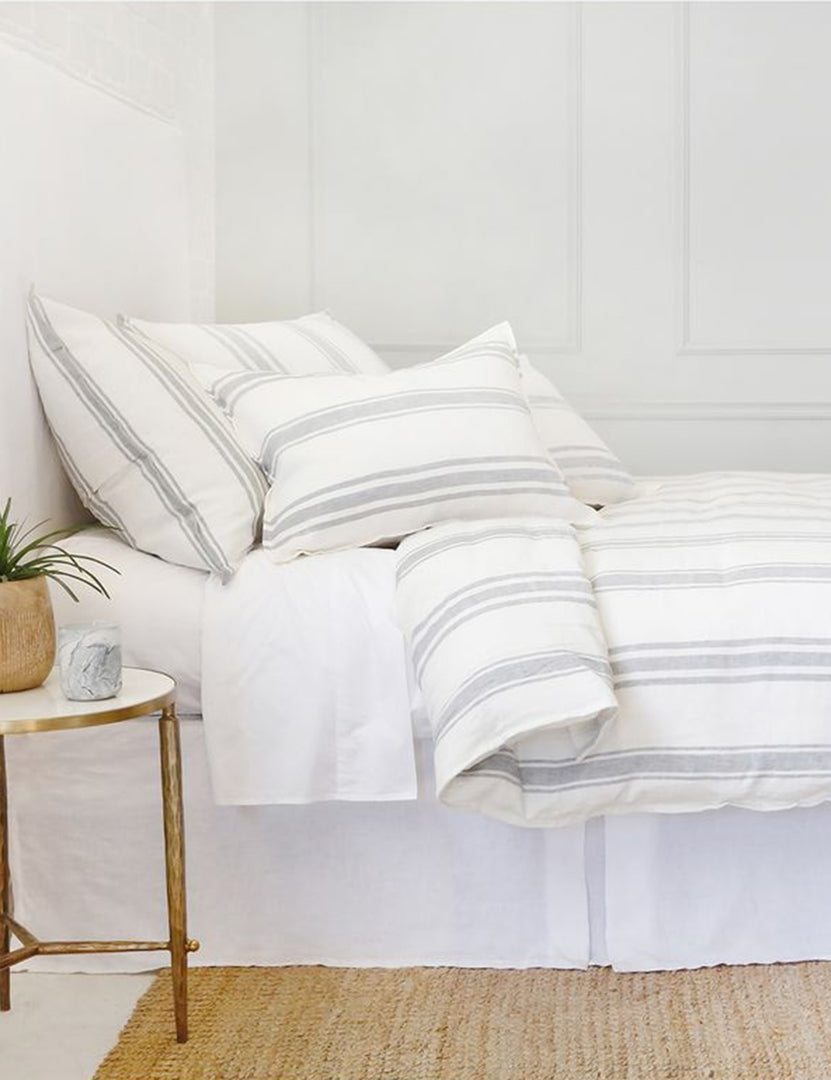 #color::cream-and-gray #size::king #size::queen | Side view of the Jackson Linen cream and gray striped Duvet by Pom Pom at Home