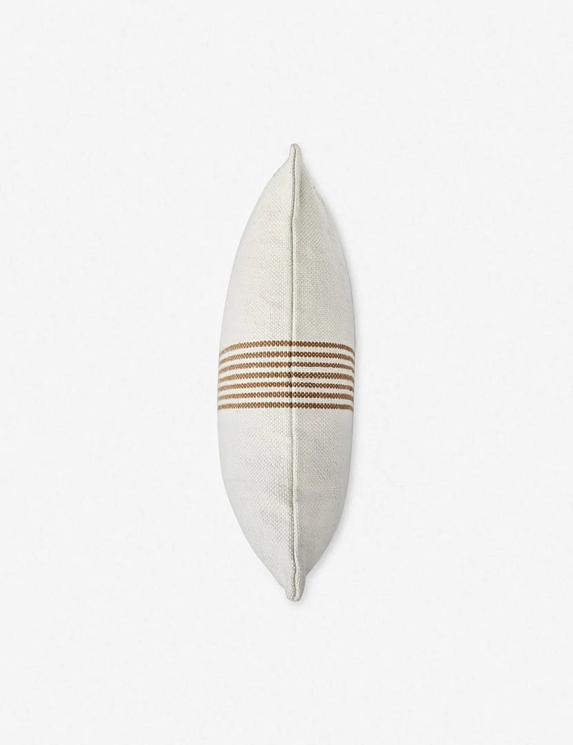 #color::rust-stripe #style::square | Side view of the Katya Indoor and Outdoor square cream Pillow with rust brown stripes in the center