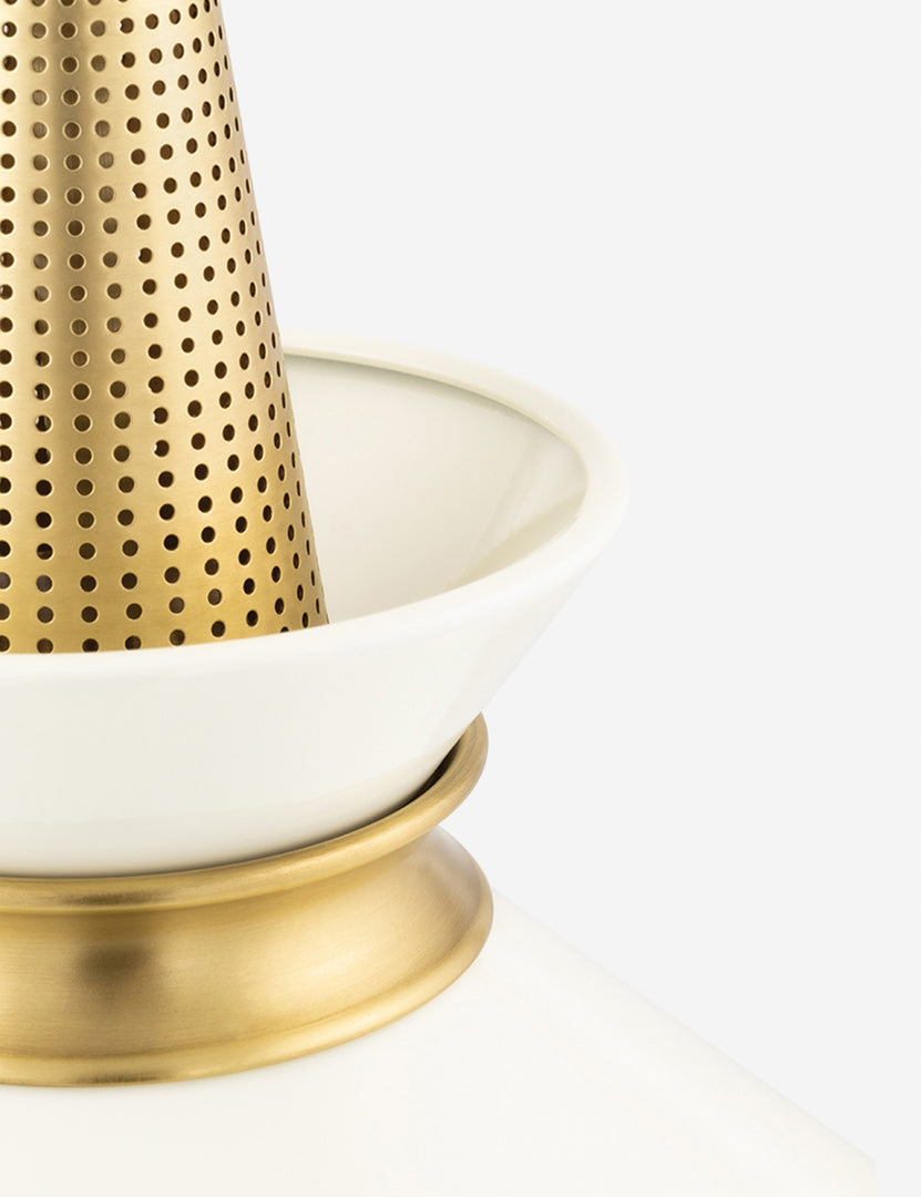 #size::large #color::gold #size::small | Close-up of the brass hardware on the Kloe conical Pendant Light with a white finish 