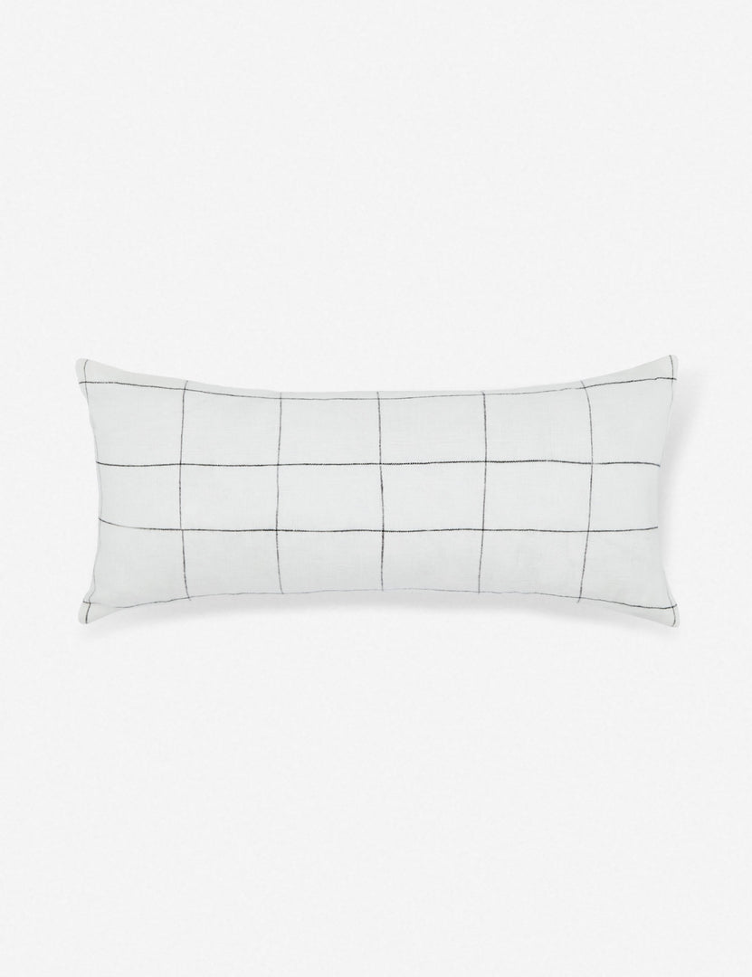 #color::black #size::14--x-40- | Lucian white linen lumbar pillow with a black gridded pattern