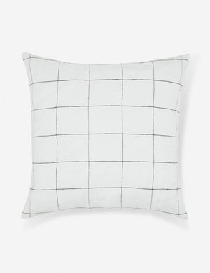 Lucian white linen square pillow with a black gridded pattern