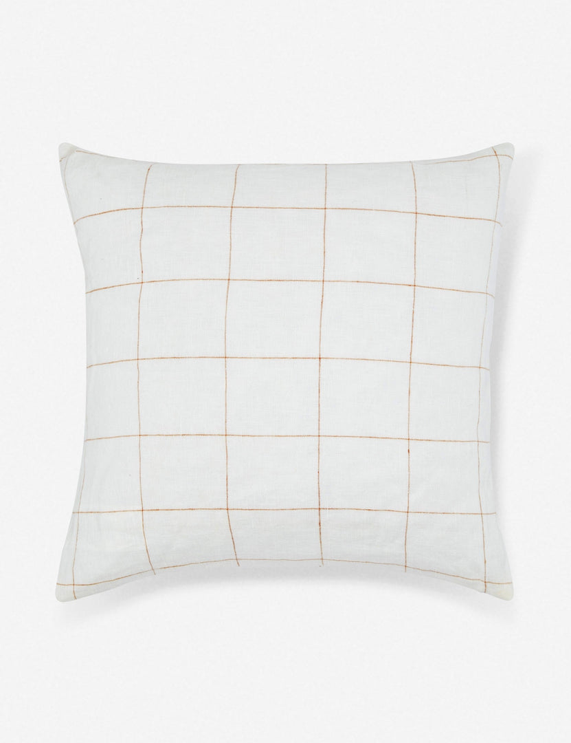 #color::rust #size::20--x-20- | Lucian white linen square pillow with a rust orange gridded pattern