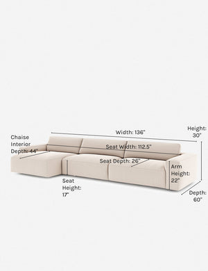 Dimensions on the Mackenzie ivory linen left-facing sectional sofa