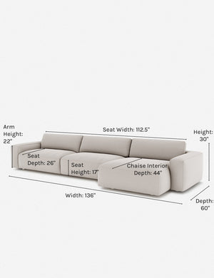 Dimensions on the Mackenzie cloud white linen right-facing sectional sofa