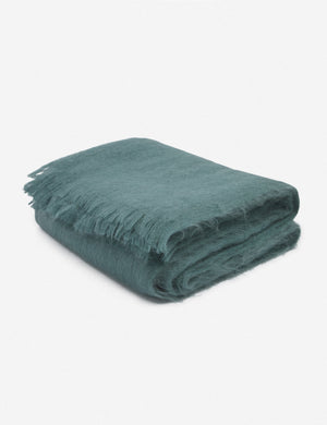 Aimee mohair blue wool throw blanket with fringe ends