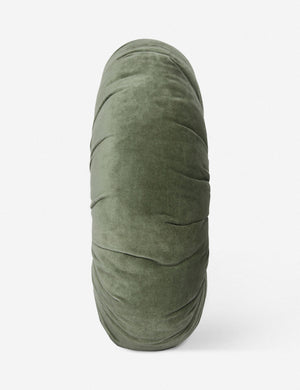 Side view of the Monroe moss green velvet round pillow