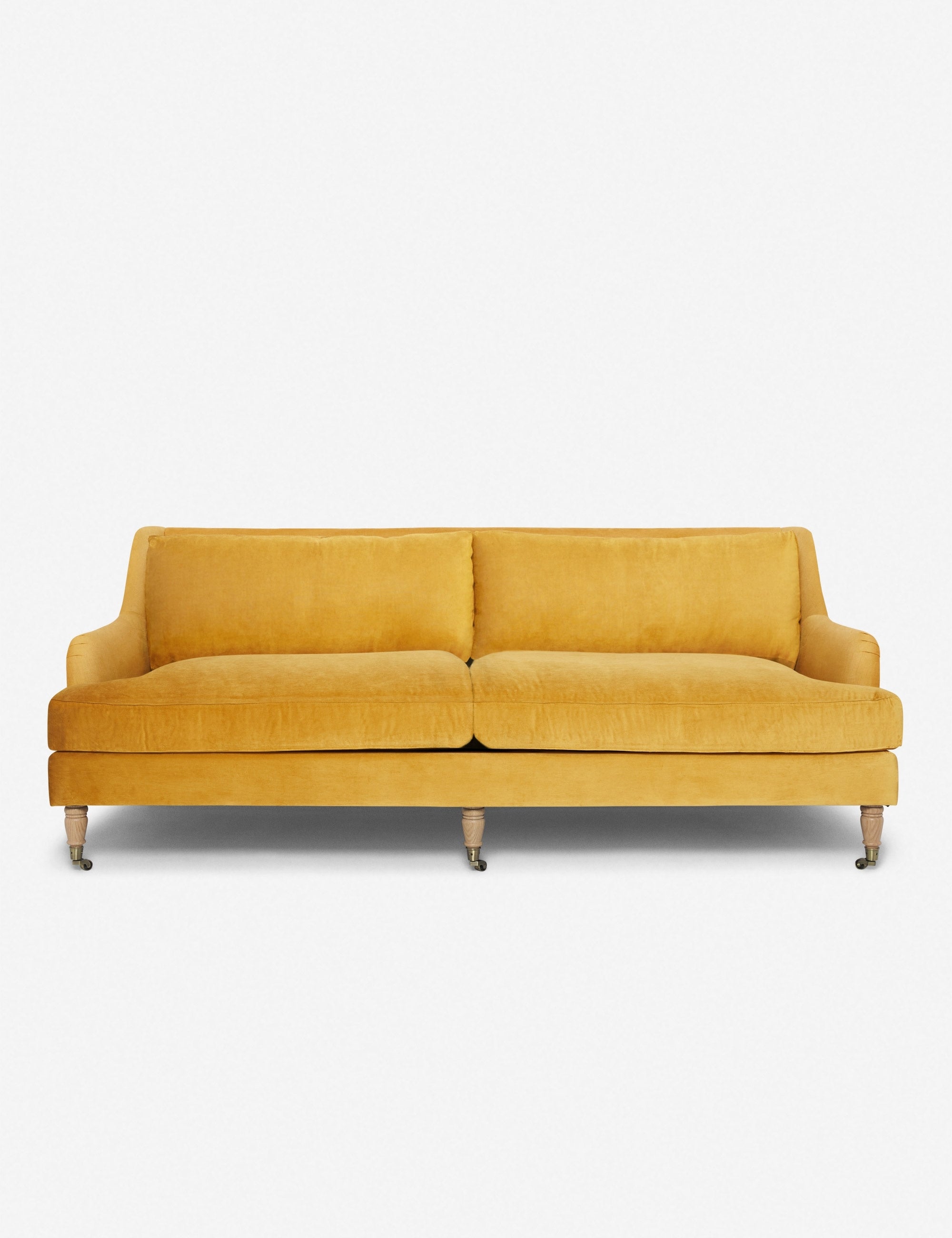 #size::72-W #size:84-W #color::goldenrod-plush-velvet #size::96-W | Rivington goldenrod velvet sofa with low, sloping arms by Ginny Macdonald